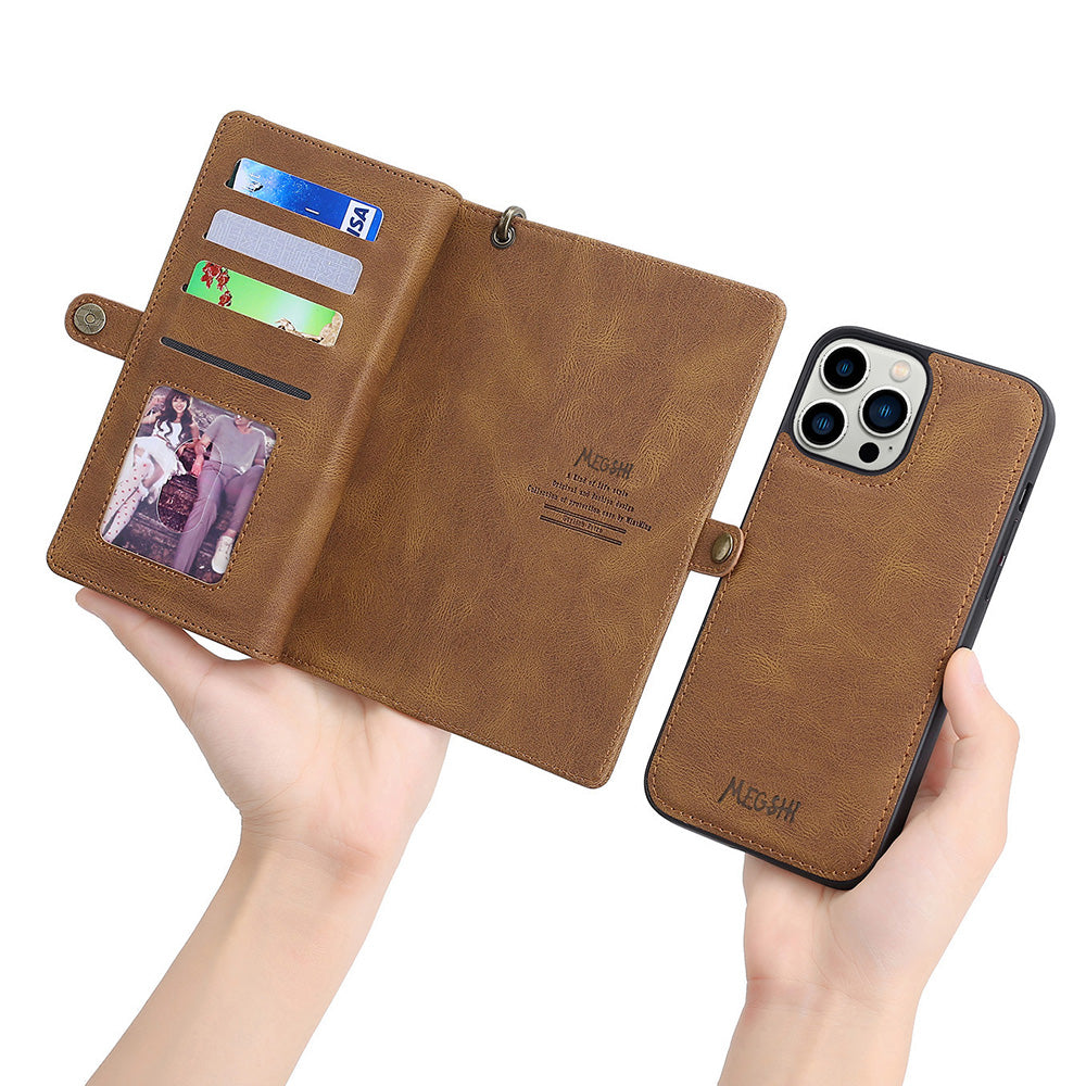 Kožené pouzdro na peněženku MEGSHI 017 Series pro iPhone 14 Pro odnímatelný magnetický kryt s páskem na zápěstí na zip Kožené pouzdro na peněženku MEGSHI 017 Series pro iPhone 14 Pro odnímatelný magnetický kryt s páskem na zápěstí na zip